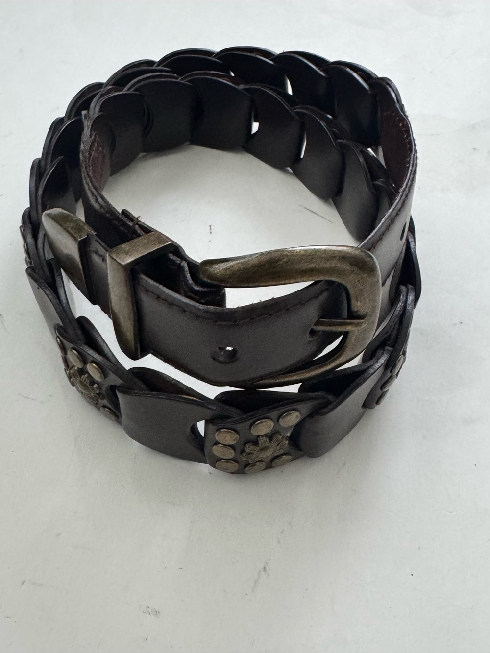 Womens Dark Brown Genuine Leather Link  Belt Antiqued Brass Floral Studded XL